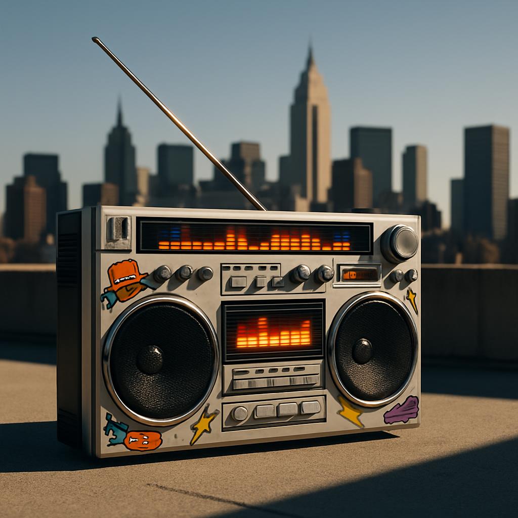 Esta imagem mostra uma rádio comandada por botão, explosões de som e outros elementos decorativos possivelmente manuscrito...