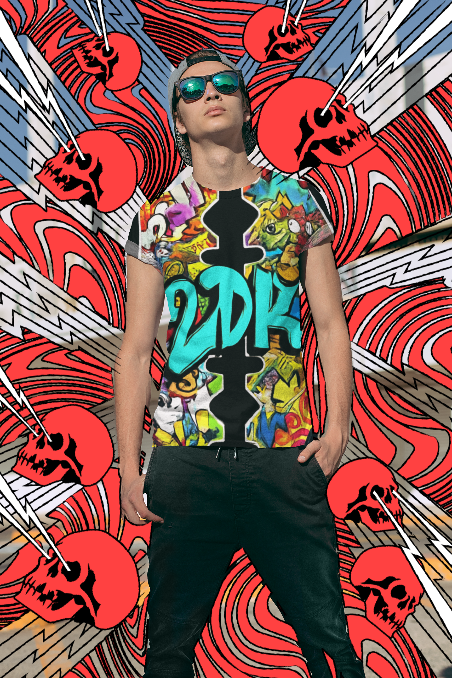 de quatro garrafas spray de alguma composição em frente a uma parede com grafite.